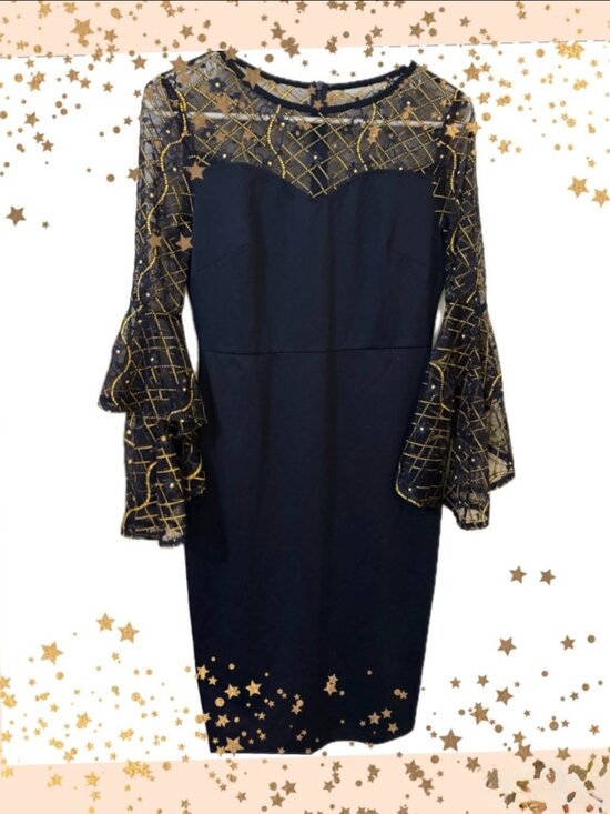 VFSHOW Dresses & Skirts - NWT VFSHOW Navy & Gold Embroidered Bell Sleeve Cocktail Dress Size S
